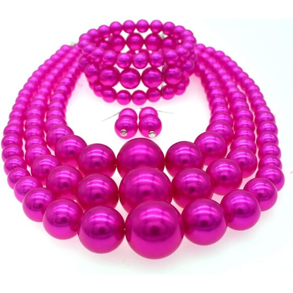 Faux Pearl Necklace and Earring Set Big Chunky Pearls Costume Jewelry - Picture 2 of 6